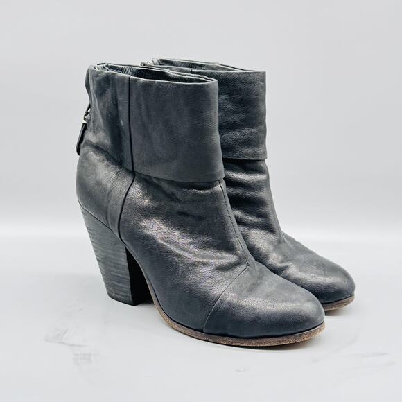 Rag & Bone Booties Womens 8.5 Black Leather Western Ankle Zip Newbury Block Heel - Picture 2 of 10